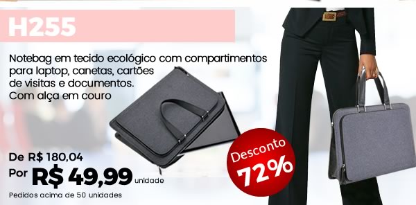 H255 Notebag em tecido ecológico com compartimentos para laptop, canetas, cartões de visitas e documentos.  Com alça em couro - R$ 49,99