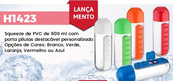 H1423 Squeeze de PVC de 600 ml com porta pilulas destacável personalizadoOpções de Cores: Branco, Verde, Laranja, Vermelho ou Azul