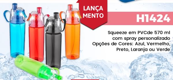 H1424 Squeeze em PVCde 570 ml com spray personalizado Opções de Cores: Azul, Vermelho, Preto, Laranja ou Verde