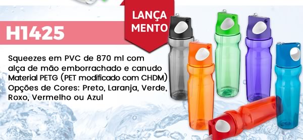 H1425 Squeezes em PVC de 870 ml com alça de mão emborrachado e canudoMaterial PETG (PET modificado com CHDM) Opções de Cores: Preto, Laranja, Verde, Roxo, Vermelho ou Azul