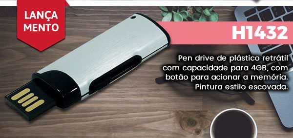 H1432 Pen drive de plástico retrátil com capacidade para 4GB, com botão para acionar a memória. Pintura estilo escovada.