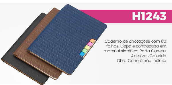 H1243 Caderno de anotações com 80 folhas. Capa e contracapa em H1243 Caderno de anotações com 80 folhas. Capa e contracapa em material sintético; Porta Caneta, Adesivos ColoridoObs.: Caneta não inclusa