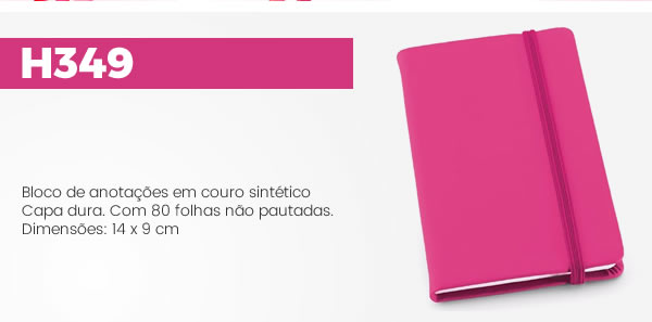 H349 Bloco de anotações em couro sintético H349 Bloco de anotações em couro sintéticoCapa dura. Com 80 folhas não pautadas.Dimensões: 14 x 9 cm