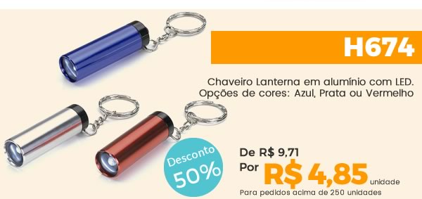 H674 Chaveiro Lanterna em alumínio com LED.Opções de cores: Azul, Prata ou Vermelho R$ 4,85