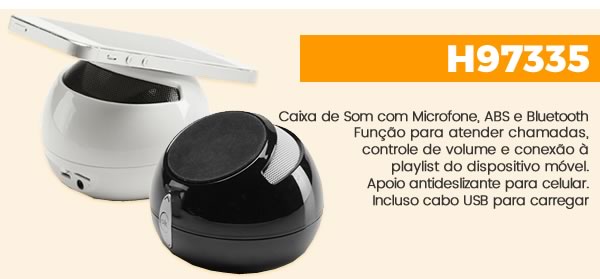 H97335 Caixa de Som com Microfone, ABS e Bluetooth Função para atender chamadas, controle de volume e conexão à playlist do dispositivo móvel. Apoio antideslizante para celular. Incluso cabo USB para carregar