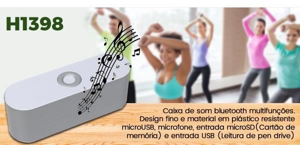 H1398 Caixa de som bluetooth multifunções. Design fino e material em plástico resistente microUSB, microfone, entrada microSD(Cartão de memória) e entrada USB (Leitura de pen drive) 