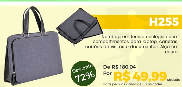 H255 Notebag em tecido ecológico com compartimentos para laptop, canetas, cartões de visitas e documentos. Alça em couro. Por R$ 49,99