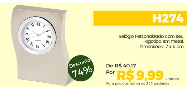 H274 Relógio Personalizado com seu logotipo em metal.Dimensões: 7 x 5 cm. Por R$ 9,99 unidade