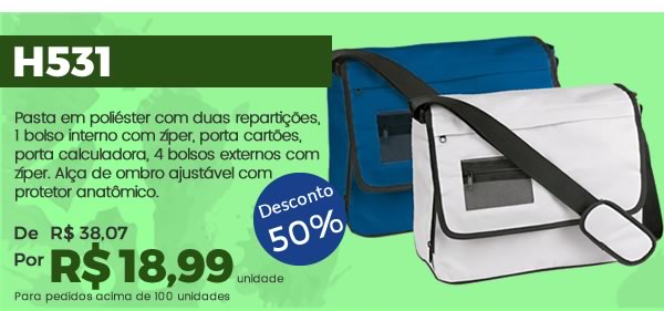 H531 Pasta em poliéster com duas repartições, 1 bolso interno com zíper, porta cartões, porta calculadora, 4 bolsos externos com zíper. Alça de ombro ajustável com protetor anatômico. Por R$ 18,99 unidade