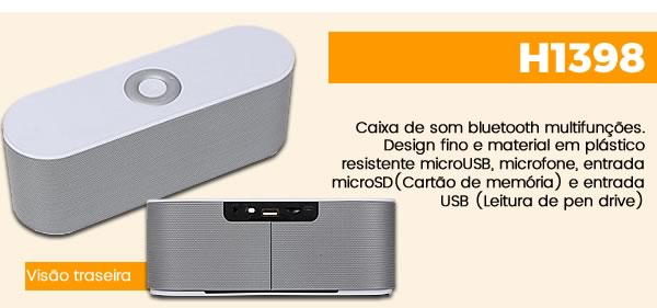 H1398 Caixa de som bluetooth multifunções. Design fino e material em plástico resistente microUSB, microfone, entrada microSD(Cartão de memória) e entrada USB (Leitura de pen drive) 