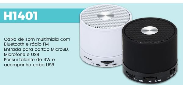 H1401 Caixa de som multimídia com Bluetooth e rádio FM Entrada para cartão MicroSD,  Microfone e USB Possui falante de 3W e acompanha cabo USB.