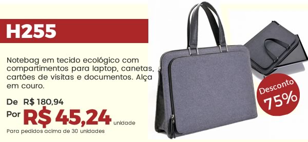 H255 Notebag em tecido ecológico com compartimentos para laptop, canetas, cartões de visitas e documentos. Alça em couro. R$ 45,24