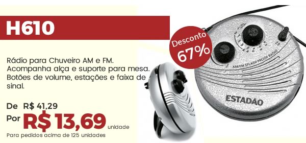 H610 Rádio para Chuveiro AM e FM. Acompanha alça e suporte para mesa. Botões de volume, estações e faixa de sinal. R$ 13,69