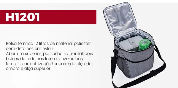 H1201 Bolsa térmica 12 litros de material poliéster com detalhes em nylon. Abertura superior, possui bolso frontal, dois bolsos de rede nas laterais, fivelas nas laterais para utilização/encaixe da alça de ombro e alça superior.