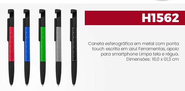 H1562 Caneta esferográfica em metal com ponta touch escrita em azul Ferramentas, apoio para smartphone Limpa tela e régua.Dimensões: 16,0 x 01,3 cm