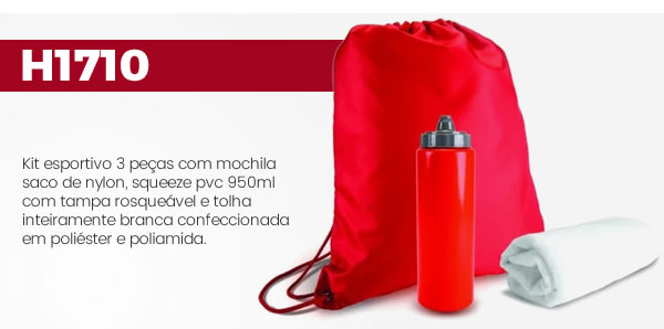 H1710 Kit esportivo 3 peças com mochila saco de nylon, squeeze pvc 950ml com tampa rosqueável e tolha inteiramente branca confeccionada em poliéster e poliamida.
