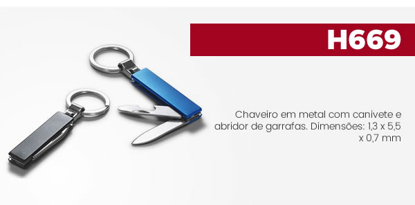 H669 Chaveiro em metal com canivete e abridor de garrafas. Dimensões: 1,3 x 5,5 x 0,7 mm