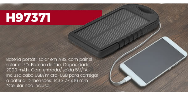 H97371 Bateria portátil solar em ABS, com painel solar e LED. Bateria de lítio. Capacidade: 2000 mAh. Com entrada/saída 5V/1A. Incluso cabo USB/micro-USB para carregar a bateria. Dimensões: 143 x 77 x 16 mm*Celular não incluso
