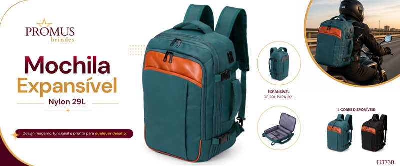 Mochila Expansível Nylon 29L Personalizada - H3730 - Versatilidade, segurança e praticidade em um único produto. Esta mochila expansível foi desenvolvida para acompanhar rotinas dinâmicas, oferecendo capacidade de até 29 litros com compartimento de expansão, ideal para viagens, trabalho e deslocamentos do dia a dia. Produzida em nylon 290D impermeável com elegantes detalhes em PU, conta com amplo espaço interno, cinta compressora, bolso telado e compartimento exclusivo para notebook de até 15,6 polegadas. Seu design inteligente inclui múltiplos bolsos frontais e traseiros, sendo um deles com sistema antifurto para maior segurança, além de compartimento que permite esconder as alças e transformar a mochila em formato de mala. Possui ainda entrada USB externa para mais praticidade no carregamento de dispositivos, bolso lateral, engates compressores, encaixe para malas de viagem e acabamento acolchoado nas alças e painel traseiro, garantindo máximo conforto em qualquer trajeto. A escolha ideal para quem busca mobilidade, organização e tecnologia no dia a dia. Mochila Expansível Nylon 29L Personalizada - H3730 - Versatilidade, segurança e praticidade em um único produto. Esta mochila expansível foi desenvolvida para acompanhar rotinas dinâmicas, oferecendo capacidade de até 29 litros com compartimento de expansão, ideal para viagens, trabalho e deslocamentos do dia a dia. Produzida em nylon 290D impermeável com elegantes detalhes em PU, conta com amplo espaço interno, cinta compressora, bolso telado e compartimento exclusivo para notebook de até 15,6 polegadas. Seu design inteligente inclui múltiplos bolsos frontais e traseiros, sendo um deles com sistema antifurto para maior segurança, além de compartimento que permite esconder as alças e transformar a mochila em formato de mala. Possui ainda entrada USB externa para mais praticidade no carregamento de dispositivos, bolso lateral, engates compressores, encaixe para malas de viagem e acabamento acolchoado nas alças e painel traseiro, garantindo máximo conforto em qualquer trajeto. A escolha ideal para quem busca mobilidade, organização e tecnologia no dia a dia.