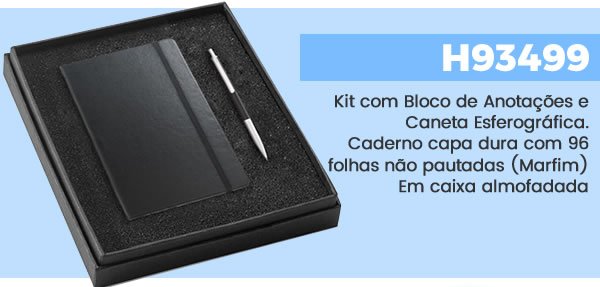 H93499 Kit com Bloco de Anotações e Caneta Esferográfica.Caderno capa dura com 96 folhas não pautadas (Marfim)Em caixa almofadada