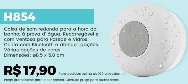 H854 Caixa de som redonda para a hora do banho, à prova d’ água, Recarregável e com Ventosa para Parede e Vidros. Conta com Bluetooth e atende ligações.Várias opções de cores.Dimensões: ø8,5 x 5,0 cm - R$ 17,90