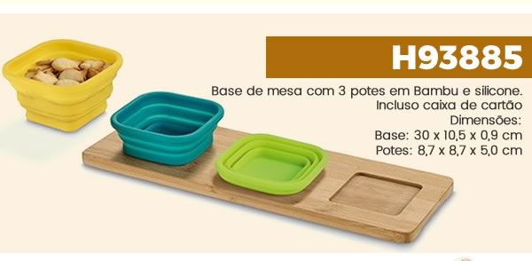 H93885 Base de mesa com 3 potes em Bambu e silicone. Incluso caixa de cartãoDimensões:Base: 30 x 10,5 x 0,9 cmPotes: 8,7 x 8,7 x 5,0 cm