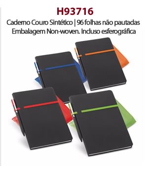 H93716 - Caderno Couro Sintético | 96 folhas não pautadas Embalagem Non-woven. Incluso esferográfica