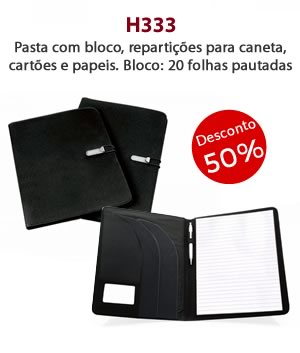 H333 Pasta com bloco, repartições para caneta, cartões e papeis. Bloco: 20 folhas pautadas - Desconto 50%