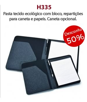 H335 Pasta tecido ecológico com bloco, repartições para caneta e papeis. Caneta opcional. 50% de desconto