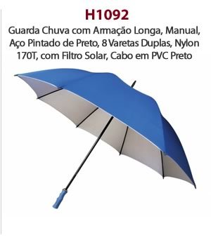 H1092 - Guarda Chuva com Armação Longa, Manual, Aço Pintado de Preto, 8 Varetas Duplas, Nylon 170T, com Filtro Solar, Cabo em PVC Preto