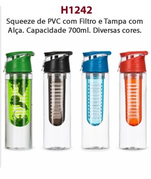 H1242 Squeeze de PVC com Filtro e Tampa com Alça. Capacidade 700ml. Diversas cores.