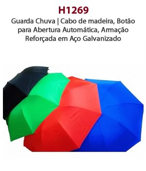 H1269 - Guarda Chuva | Cabo de madeira, Botão para Abertura Automática, Armação Reforçada em Aço Galvanizado