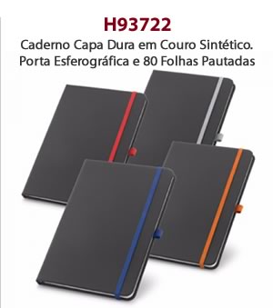 H93722 Caderno Capa Dura em Couro Sintético. Porta Esferográfica e 80 Folhas Pautadas