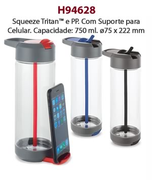 H94628 Squeeze Tritan™ e PP. Com Suporte para Celular. Capacidade: 750 ml. ø75 x 222 mm