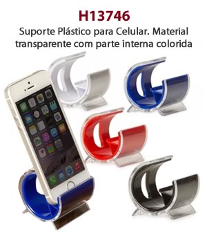 H13746 - Suporte Plástico para Celular. Material transparente com parte interna colorida