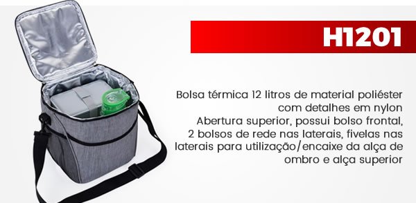 H1201 Bolsa térmica 12 litros de material poliéster com detalhes em nylon. Abertura superior, possui bolso frontal, dois bolsos de rede nas laterais, fivelas nas laterais para utilização/encaixe da alça de ombro e alça superior.