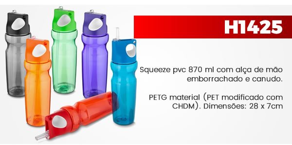 H1425 Squeeze pvc 870 ml com alça de mão emborrachado e canudo personalizado. PETG material (PET modificado com CHDM) 