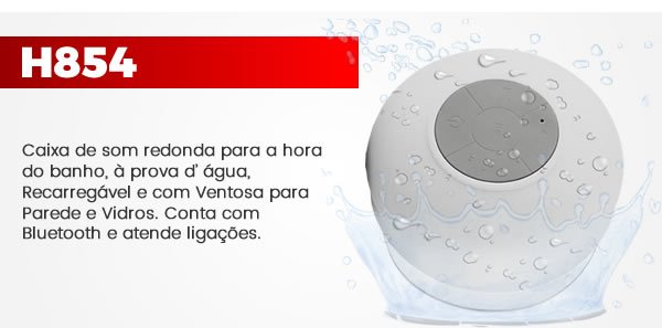 H854 Caixa de Som Redonda a prova d'água para a Hora do Banho. Material: ABS emborrachado -Bluetooth: V 3.0 + EDR -Frequência sem fio: 2,4 GHz -Alto-falante de potência: 3W - Alimentação: DC 5V-100-120mA -Bateria: 3.7V 400mAh de lítio - Transferência Distância: ~ 10M (a distância depende do dispositivo bluetooth e meio ambiente)