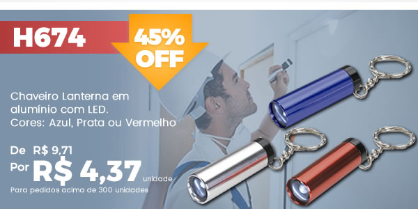 H674 Chaveiro Lanterna em alumínio com LED.Cores: Azul, Prata ou Vermelho