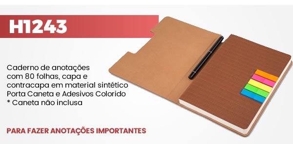 H1243 Caderno de anotações com 80 folhas, capa e contracapa em material sintético
Porta Caneta e Adesivos Colorido * Caneta não inclusa