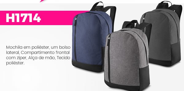 H1714 Mochila em poliéster, um bolso lateral, Compartimento frontal com zíper, Alça de mão, Tecido poliéster. H1714 Mochila em poliéster, um bolso lateral, Compartimento frontal com zíper, Alça de mão, Tecido poliéster.