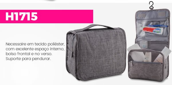 H1715 Necessaire em tecido poliéster, com excelente espaço interno, bolso frontal e no verso. Suporte para pendurar. H1715 Necessaire em tecido poliéster, com excelente espaço interno, bolso frontal e no verso. Suporte para pendurar.