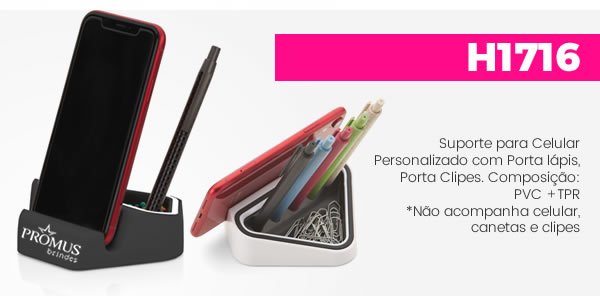 H1716 Suporte para Celular Personalizado com Porta lápis, Porta Clipes. Composição: PVC +TPR H1716 Suporte para Celular Personalizado com Porta lápis, Porta Clipes. Composição: PVC +TPR*Não acompanha celular, canetas e clipes