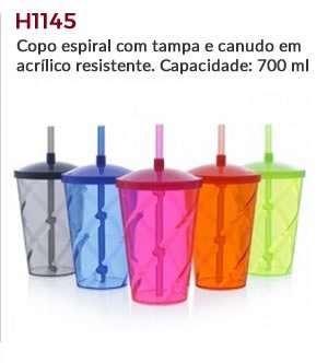 H1145 - Copo espiral com tampa e canudo em acrílico resistente. Capacidade: 700 ml