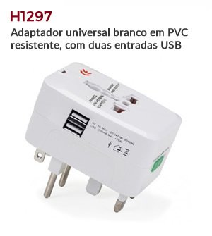 H1297 - Adaptador universal branco em PVC resistente, com duas entradas USB