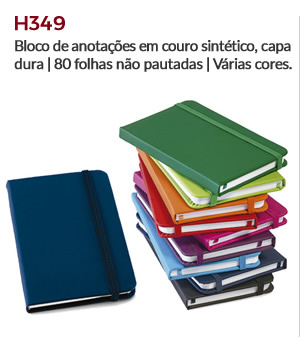 H349 - Bloco de anotações em couro sintético, capa dura | 80 folhas não pautadas | Várias cores.