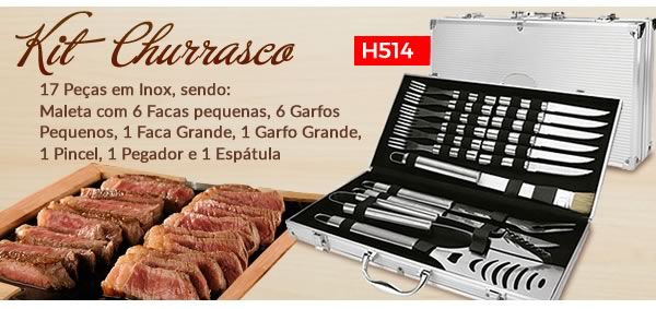 H514 - Kit Churrasco 17 Peças em Inox, sendo:Maleta com 6 Facas pequenas, 6 Garfos Pequenos, 1 Faca Grande, 1 Garfo Grande, 1 Pincel, 1 Pegador e 1 Espátula