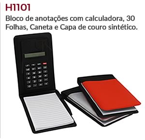 H1101 - Bloco de Anotações com Calculadora, 30 Folhas, Caneta e Capa de Couro Sintético