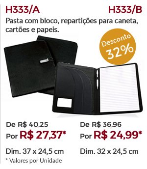 H333 - Pasta com bloco, repartições para caneta, cartões e papeis.