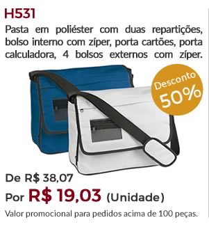 H531 - Pasta em poliéster com duas repartições, bolso interno com zíper, porta cartões, porta calculadora, 4 bolsos externos com zíper.